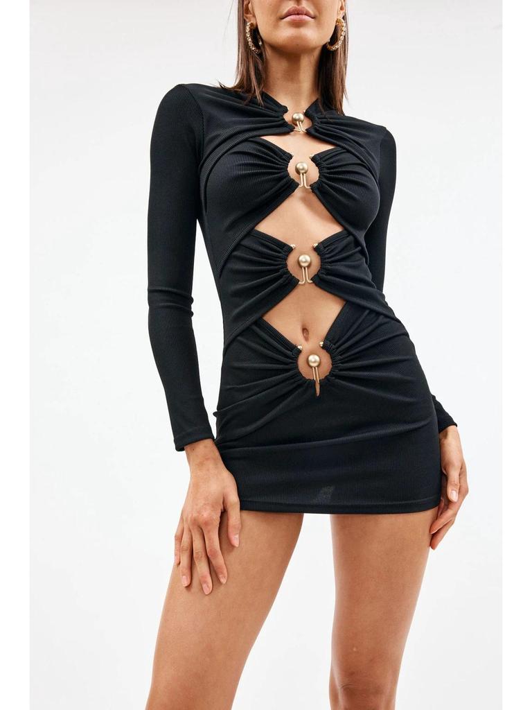 2023 Европейский и американский стиль Полый дизайн Кроп-топ Платье-бандаж - Вечернее платье бодикон с длинным рукавом для женщин