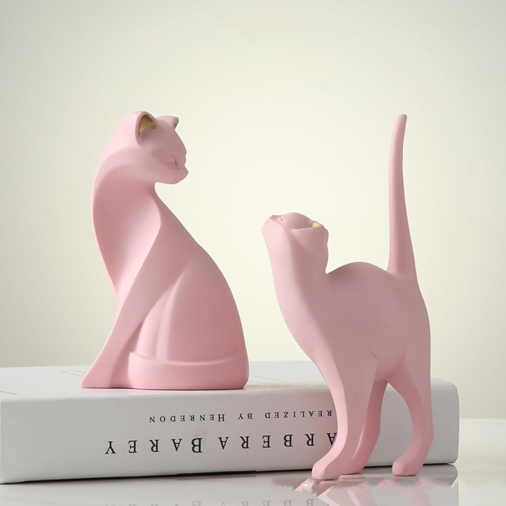 2 шт. Статуэтка розового кота, геометрическая скульптура кота, художественная статуэтка животного, современные украшения для дома, статуэтка животного, скульптура из смолы для домашнего офиса, подарок