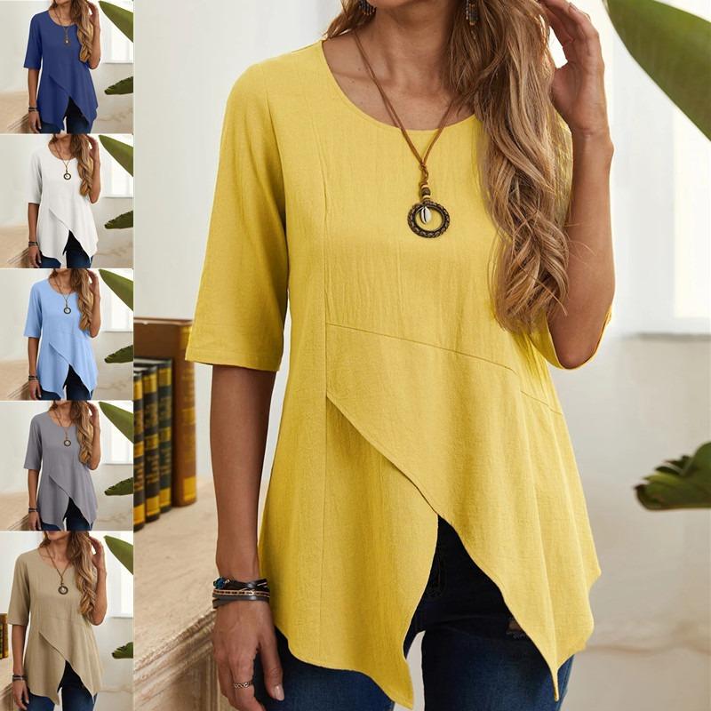 Женский асимметричный пуловер с круглым вырезом, облегающий крой, средний рукав, хлопковая льняная футболка