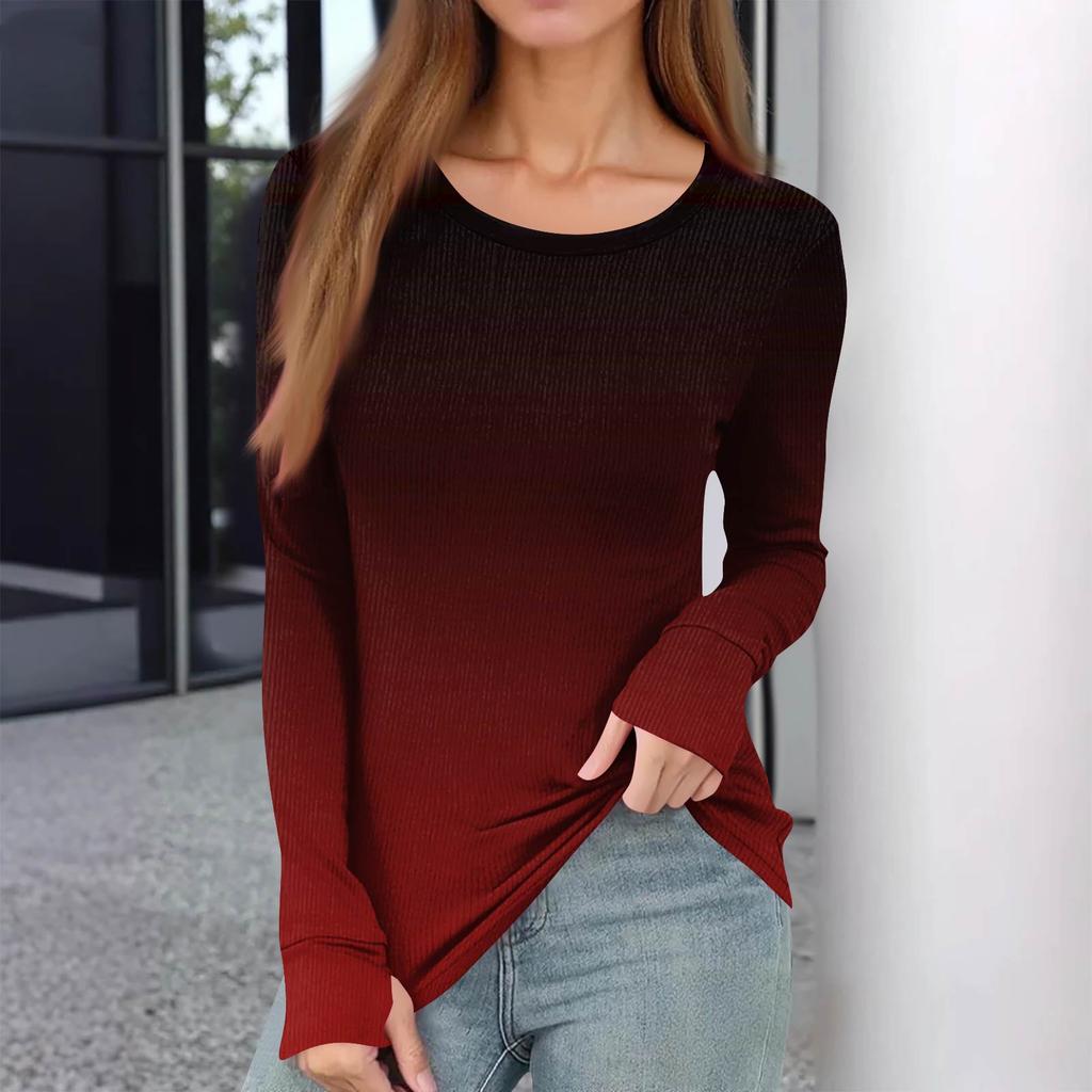 Women's And Winter Slim Bottom T-shirt Fashion Casual Gradient Printing Round Neck Pullover Long Sleeve Top