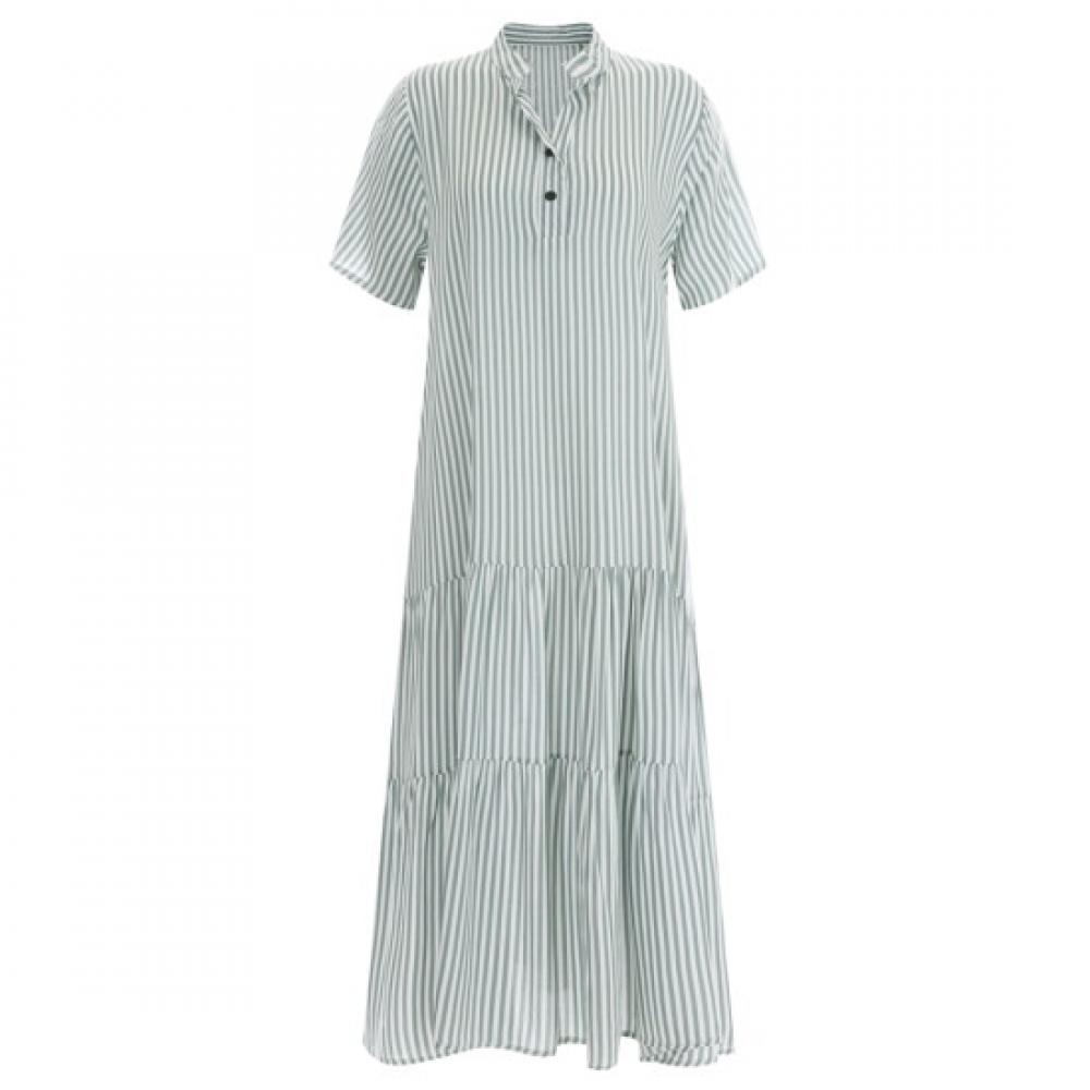 Shop Women China Collar Button Half Open Waist String Short Sleeve Ruffle Long