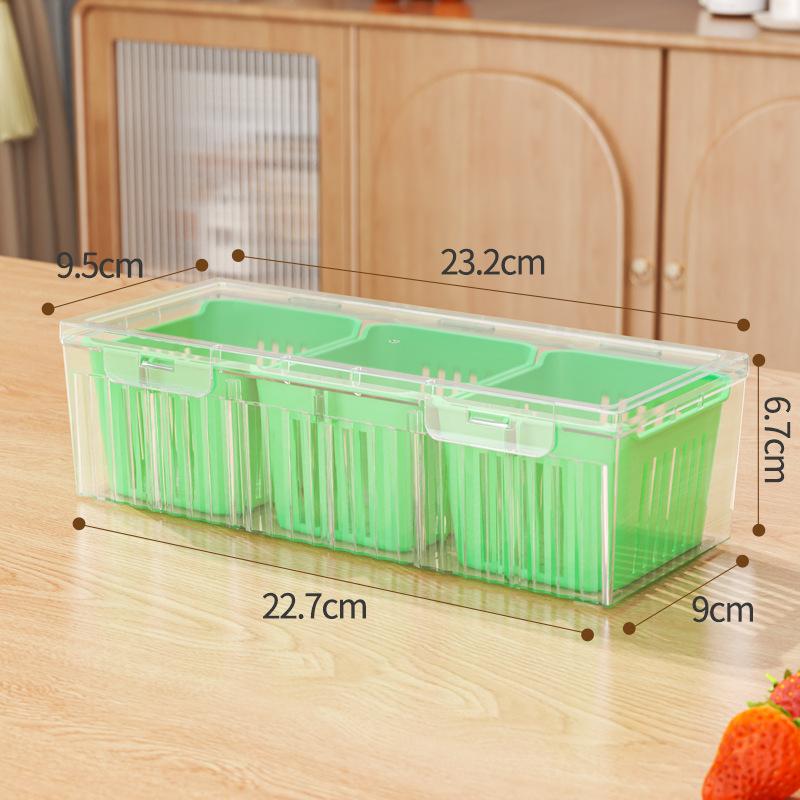 3 Compartment Food Storage Container With Lid Transparent Square Blue Drain Box For Fridge Salad Fruit Veg Condiments Reusable