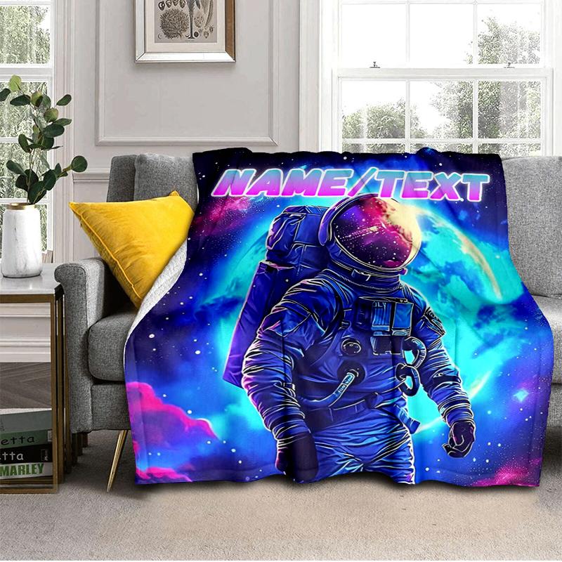 1PC Custom Name Space Astronaut Journey flannel blanket versatile,all-season throw suitable for the living room,bedroom,camping,travel,and gift