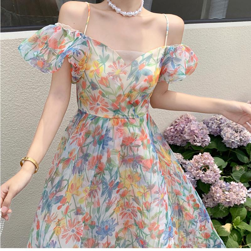 Летнее женское длинное платье феи с цветочным принтом и цветочным принтом из органзы с пышными рукавами и повязками, стильное пляжное дорожное платье
