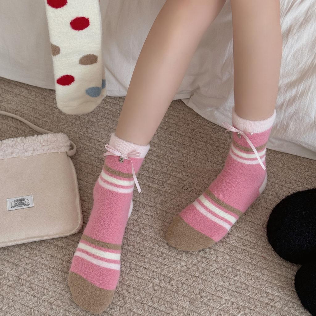 Женские теплые осенне-зимние гольфы с принтом в горошек, с мультяшной вышивкой и бантом