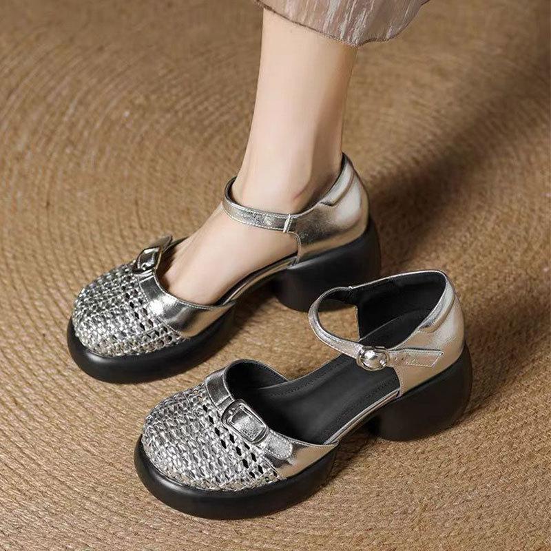 Французские ретро сандалии с полым носком, женские, лето 2025, новые, на толстом каблуке, на толстой подошве, с ремешком на подъеме, римские сандалии