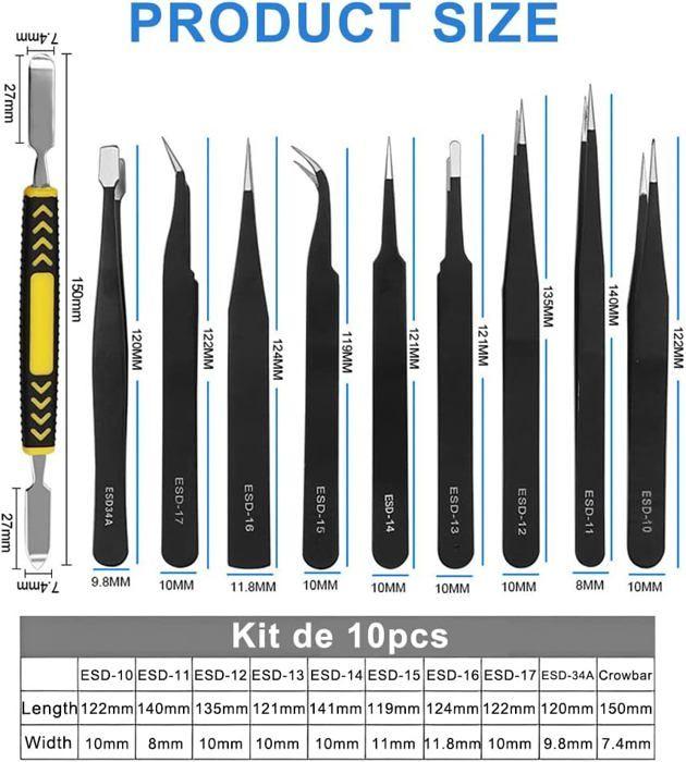 Set de pincettes antistatiques - AIMOONSA - Kit 10 pièces - Acier inoxydable ESD - Pointe fine - Pochette de rangement