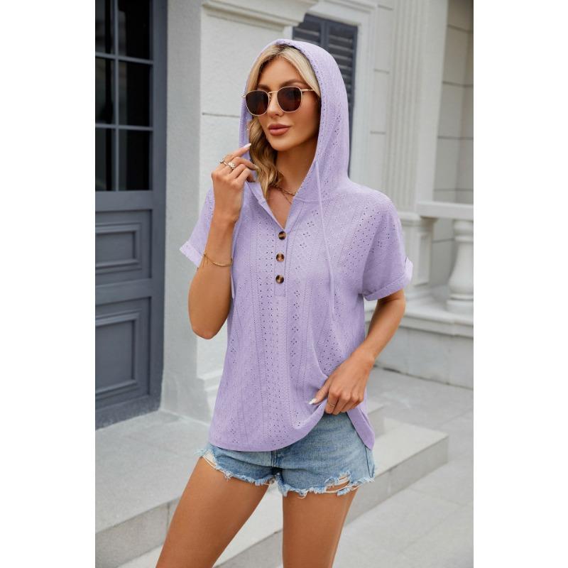 Летняя женская футболка, новая однотонная свободная футболка с короткими рукавами и пуговицами, топ