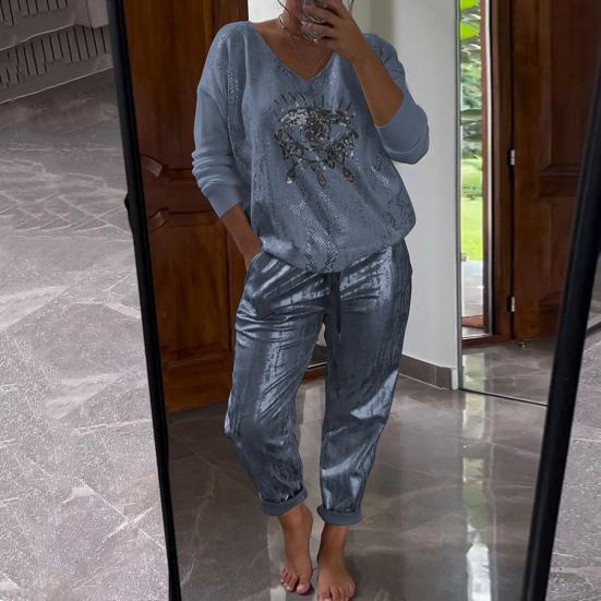 2 Pcs/Set Women T-shirt Pants Set Long Sleeves Bronzing Loose Glossy Top Elastic Waist Side Pockets Trousers Casual Sport Clothes Daily Outfit