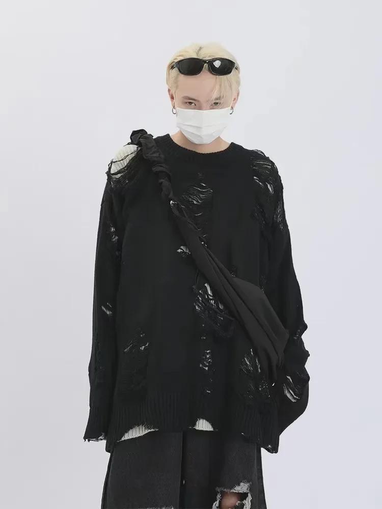 Мужской свитер свободного кроя из двух частей с рваными краями в американском стиле 2024 года, трикотаж, длинный рукав, для весны/осени.