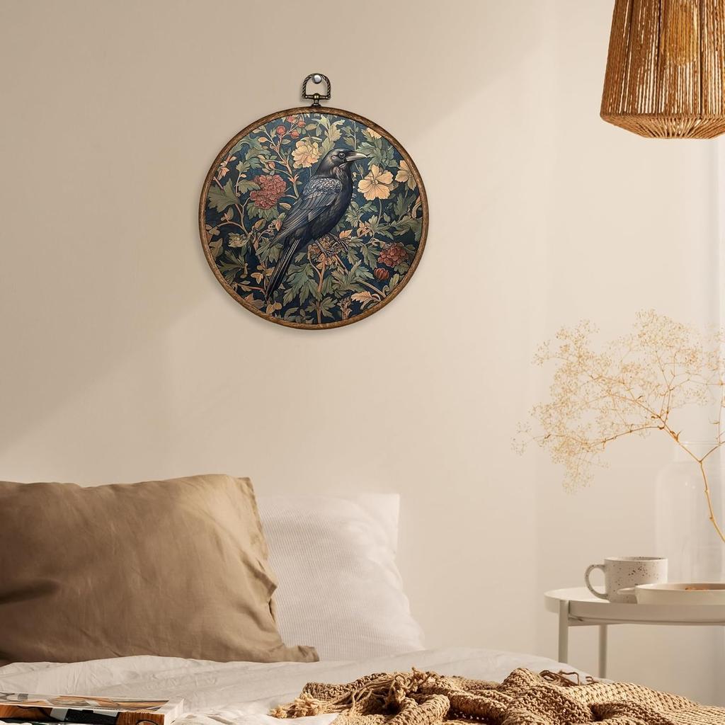 XBBMGG Vintage Moody Crow Wall Art Decor, Gothic Cottagecore William Morris Floral Round Wall Hanging Decor, Dark Academia Raven Framed Canvas Prints