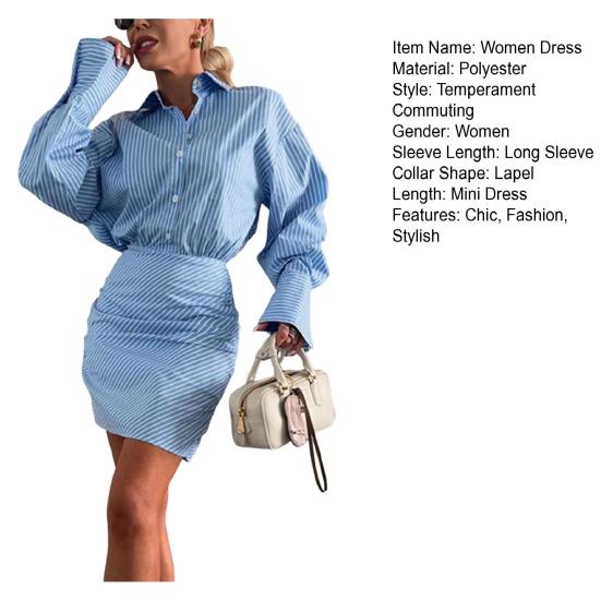 Women's Striped Shirt Dress Long Sleeve Bodycon Mini Dress Lapel Button Patchwork T-Shirt Dress Casual Summer Ladies Office Dress