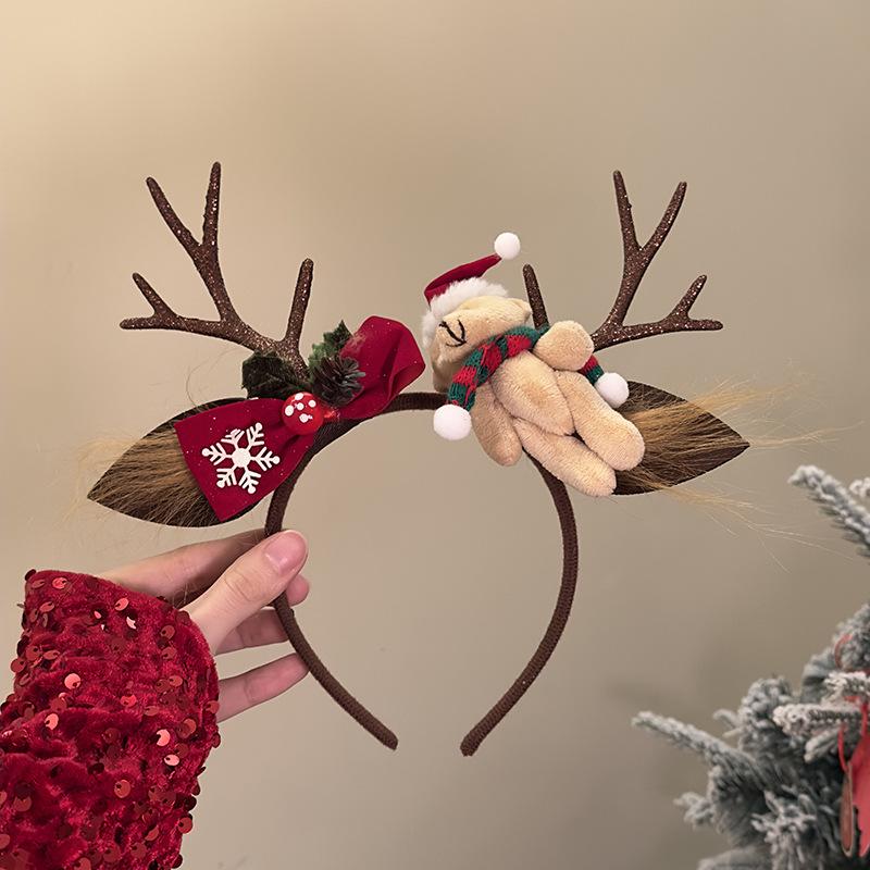 Рождественский медведь и рога повязка на голову для детей - праздничный дизайн с цветками сливы и нескользящими зубчиками