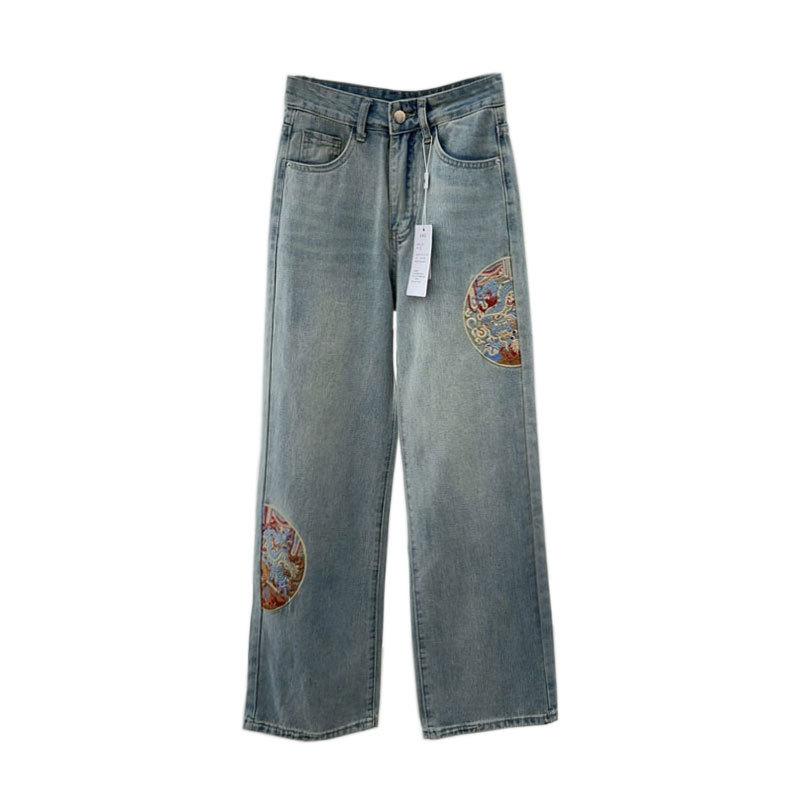 New Chinese embroidered straight jeans women's fashion new national style design wide-leg trousers loose and versatile floor pants
