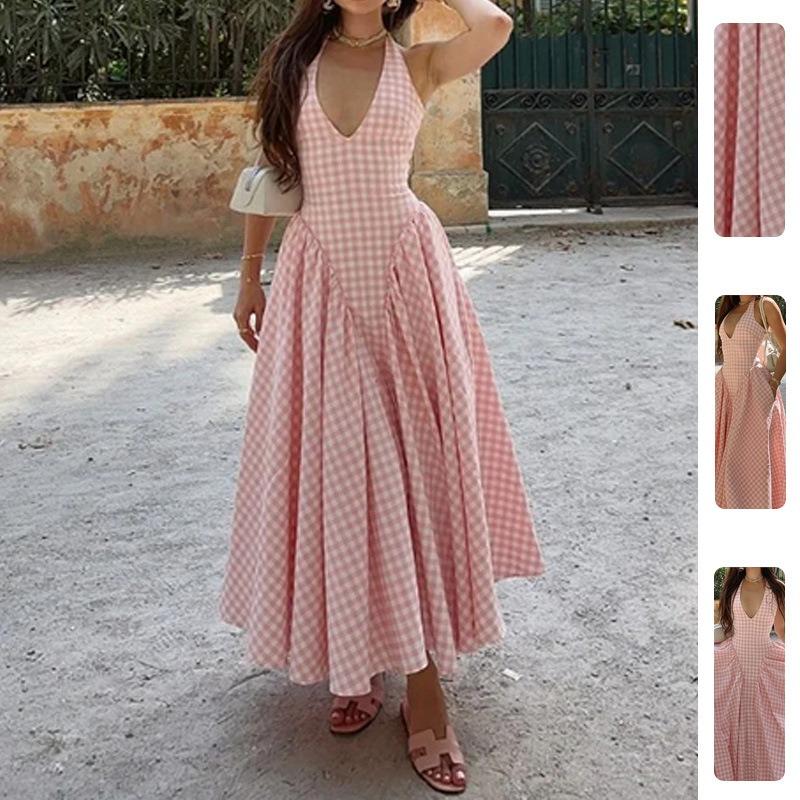 Women French Style Halter Neck Pleated Waist Cinching Long Dress