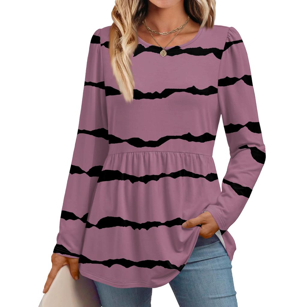 Women's Casual Fashion Long Sleeve Shirt Striped Tunic Top