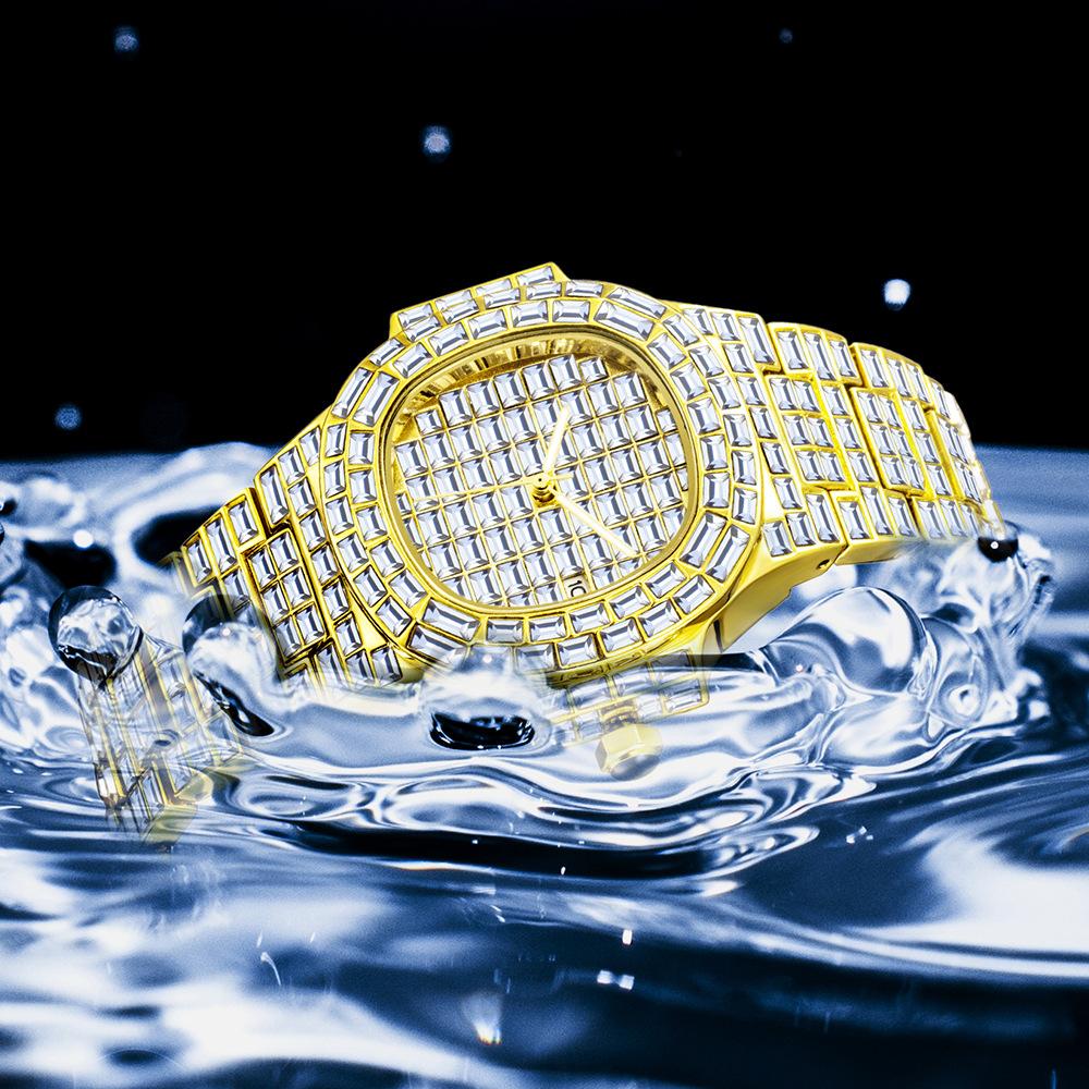 MISSFOX-Waterproof Calendar Luxury Full Diamond Square Diamond Мужские кварцевые часы в стиле хип-хоп