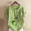 Women's New Fashion Linen Shirt Round Neck Short Sleeve Green Plants Printed T-shirt Summer Ladies Casual Blouse Tops