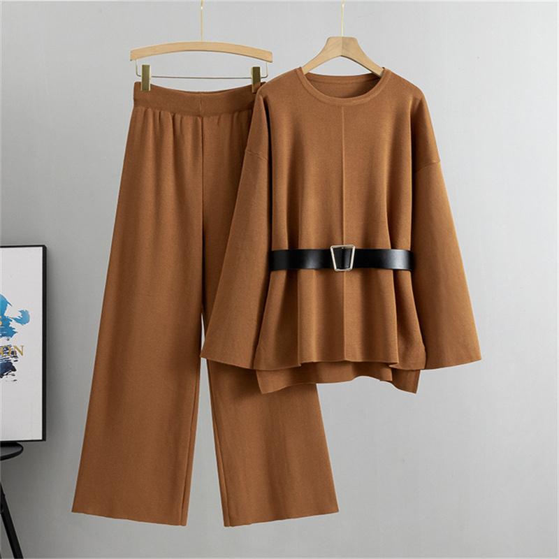 Women's Knitted Wide Leg Pants Sweater Suit Autumn And Winter Loose And Fashionable Two Piece Set