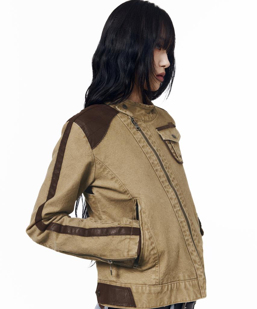 AAKAM Slant Leather Patch Jacket (Beige)