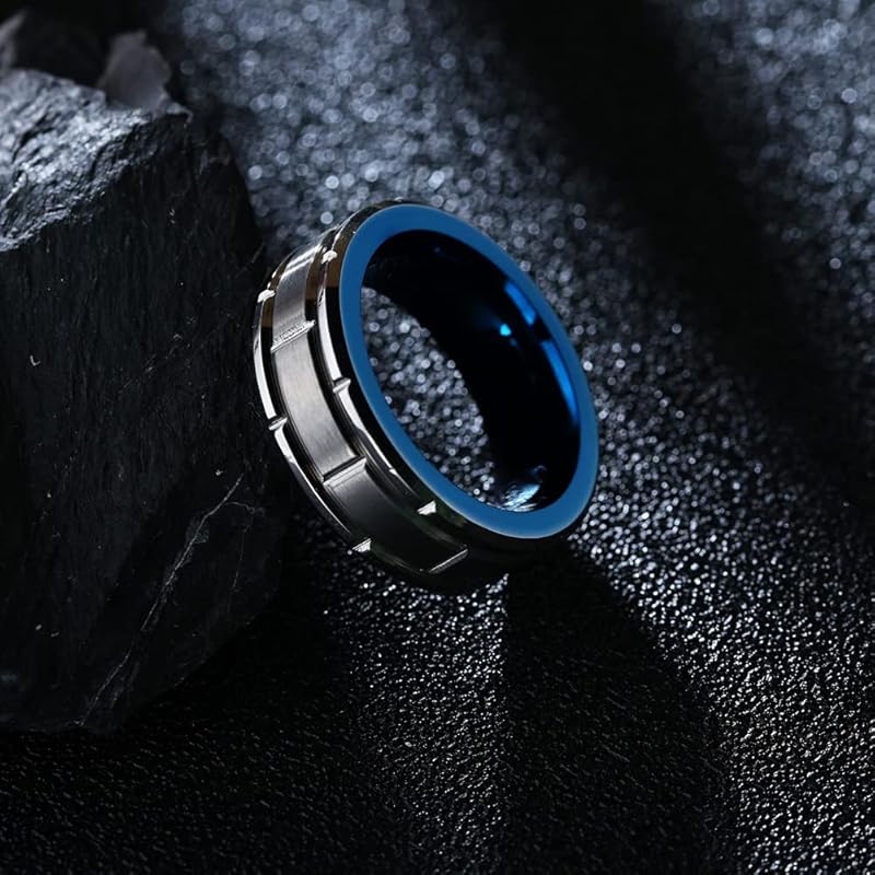 [Rockyu] tungsten ring silver blue ring men's Fashionable navy blue Metal allergy free mud texture Carbide Durability matte Multifaceted cut