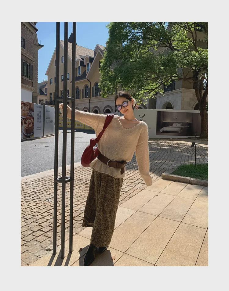 NEWOPEN 2024 Зимний женский свободный свитер-пуловер с V-образным вырезом в корейском стиле для поездок на работу, F2335