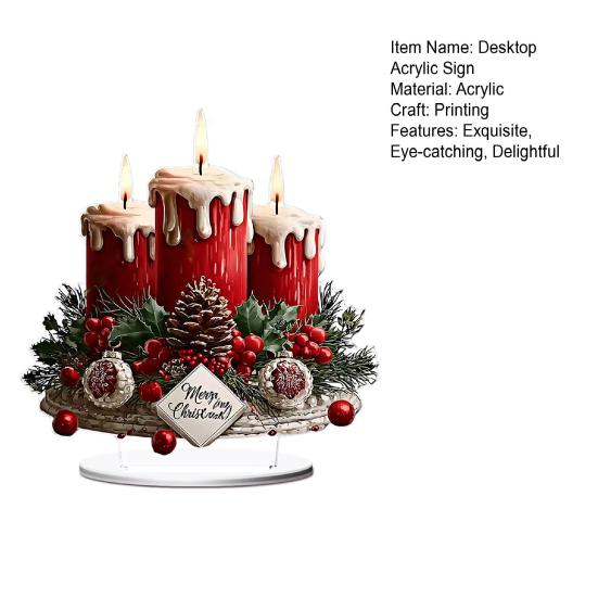 Christmas Tabletop Sign 2D Acrylic Desktop Sign with Candles Pine Cones Red Berries Pattern for Holiday Tiered Tray Home Party Decor