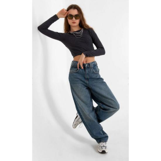 Blue Buckle Detailed Loose Cut Wide Leg Comfortable Baggy Jeans Casual Women's Trousers