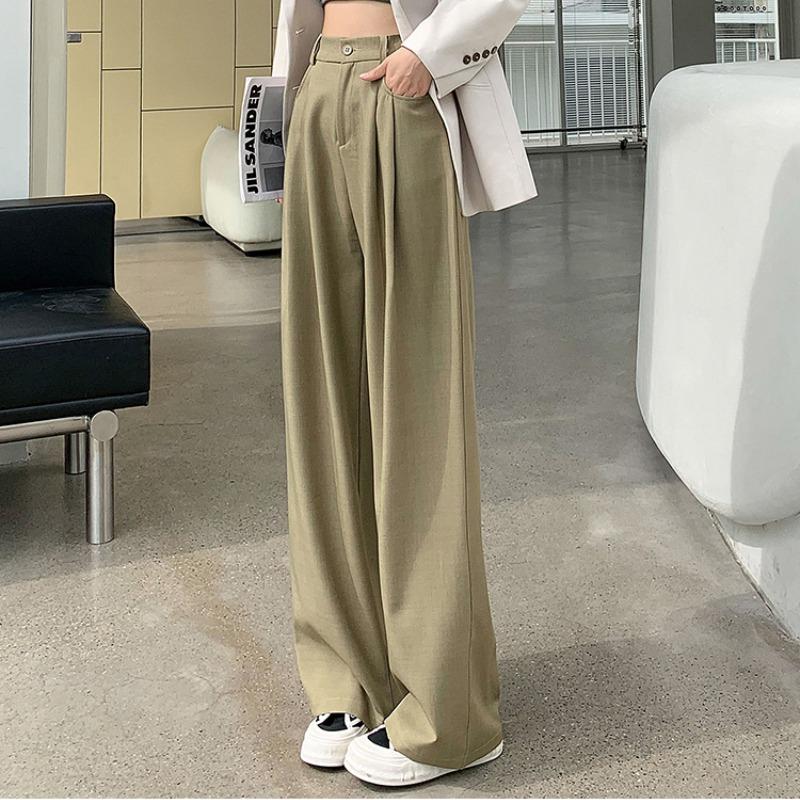 Модные новые женские прямые широкие брюки с высокой талией, простые офисные женские однотонные повседневные брюки, свободные элегантные облегающие женские брюки с карманами 25625
