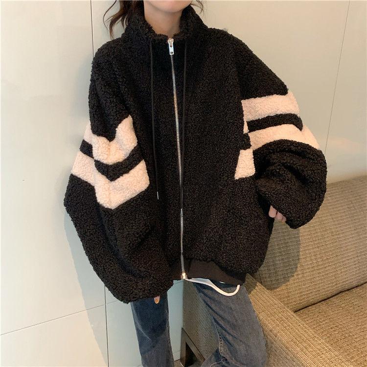 Осень-зима женская куртка с капюшоном на молнии уличная рубашка пальто искусственная овечья шерсть свободный кардиган свитер одежда Y2k