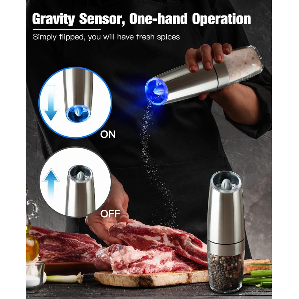 Набор из 1/2 электрических гравитационных мельниц для соли и перца, регулируемая степень помола, питание от батареек со светодиодной подсветкой, управление одной рукой для кухни