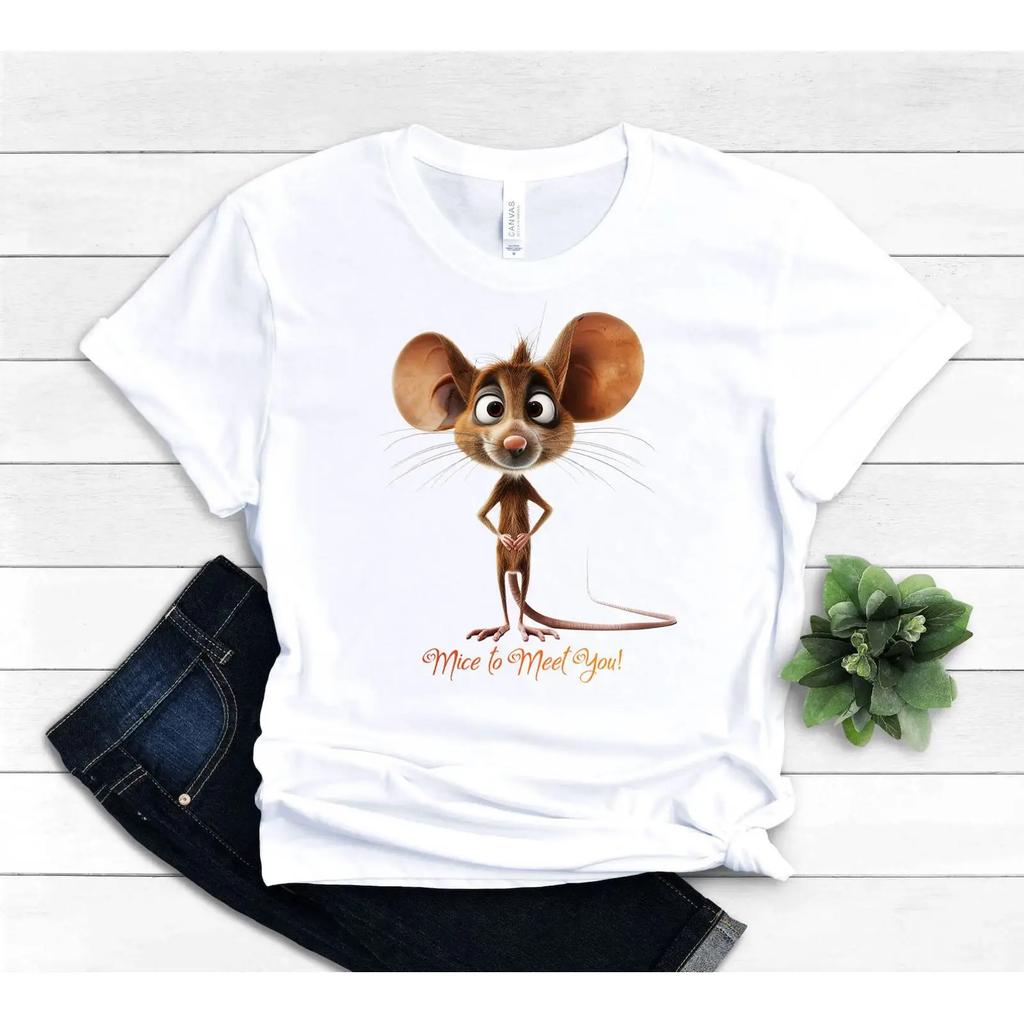 Cute Mouse T Shirt Mice To Meet You Cartoon Lover Rodent Mom Dad Funny Rat Vintage Soft Designer Clothes Versatile