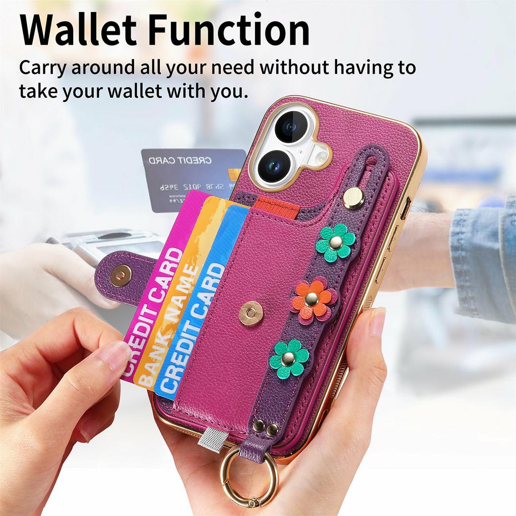 For iPhone 16 Case Card Holder Leather Back Cover 3D Flower Wristband - Purple