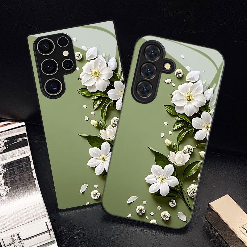 Стеклянный чехол для телефона с узором из белых цветов, подходит для Samsung Galaxy S26 S25 S24 S23 S22 S20 FE/Ultra/Plus, пылезащитный и ударопрочный