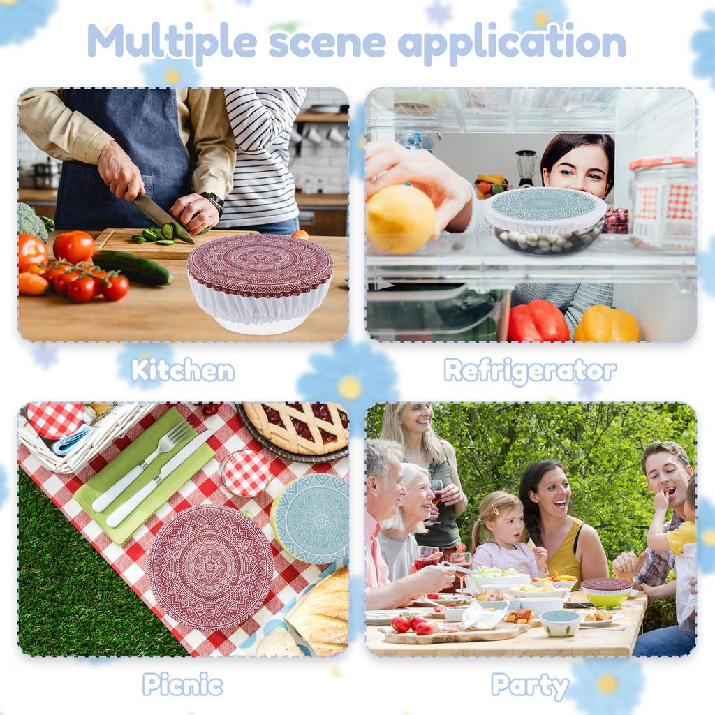 10 шт. эластичных тканевых крышек для мисок, многоразовые тканевые крышки, эластичные портативные пылезащитные чехлы для мисок для вечеринок, пикников и дома.