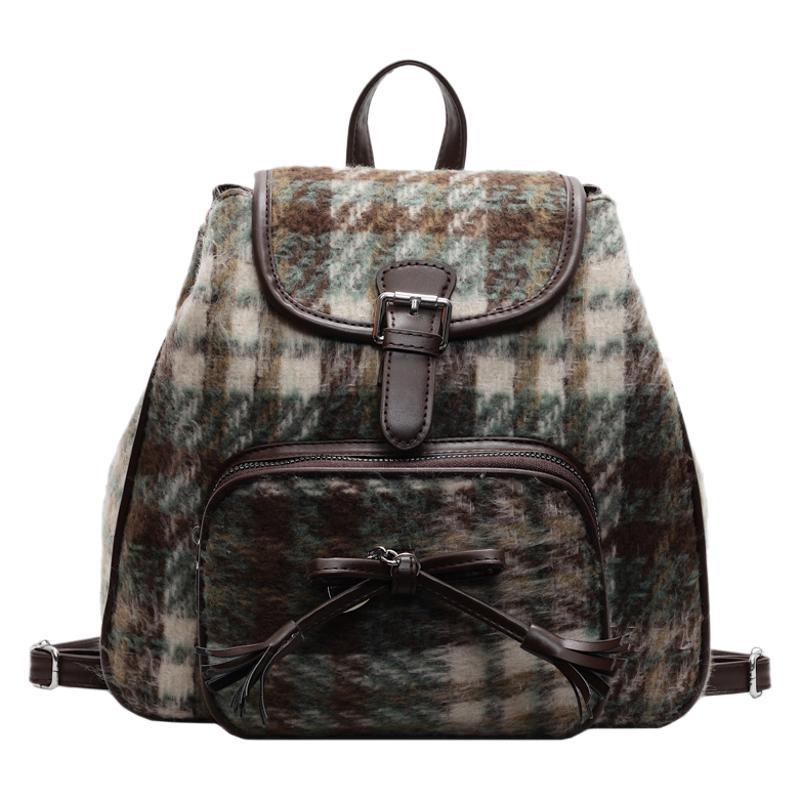 2025 Autumn and Winter New Contrasting Color Backpack Fashion Gradual Change Plaid College Student Schoolbag Suede Retro Shoulder Backpack