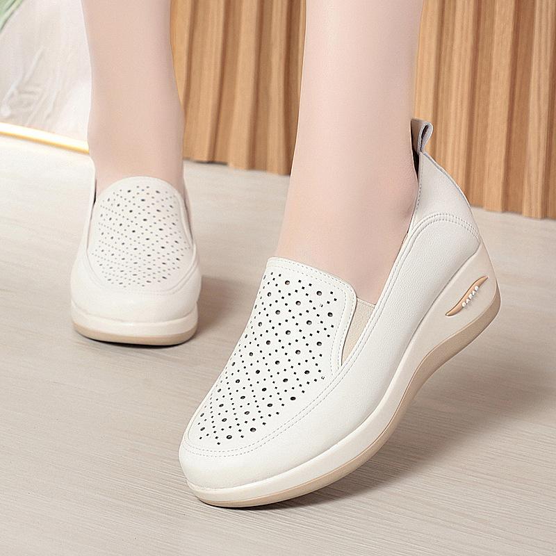 Spring Soft Leather Thick Bottom Women Shoes Wedges Cutout Breathable Sneakers Platform Lightweight Mom Loafers