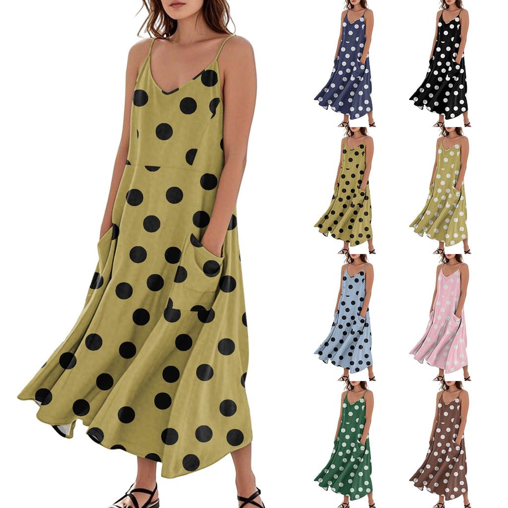 Women's Casual V Neck Dot Print Sleeveless Pocket Suspender Dress