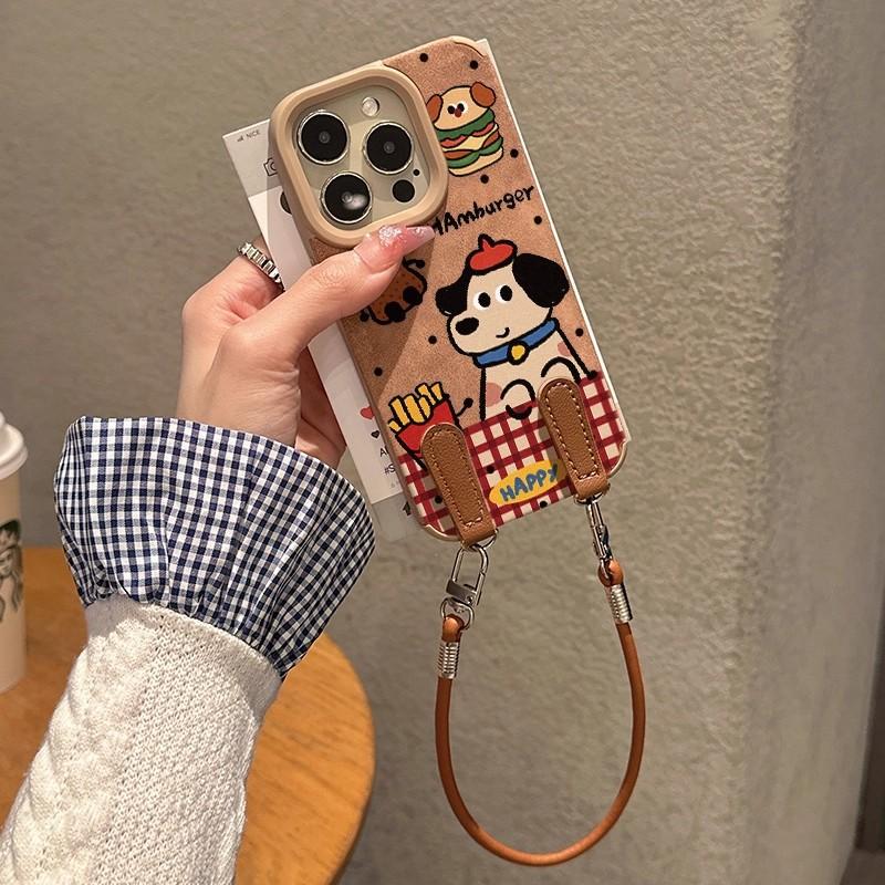 Hamburger French Fries Plaid Puppy Suede Autumn and Winter Women's Lanyard for Apple 17Promax/Air Mobile Phone Case