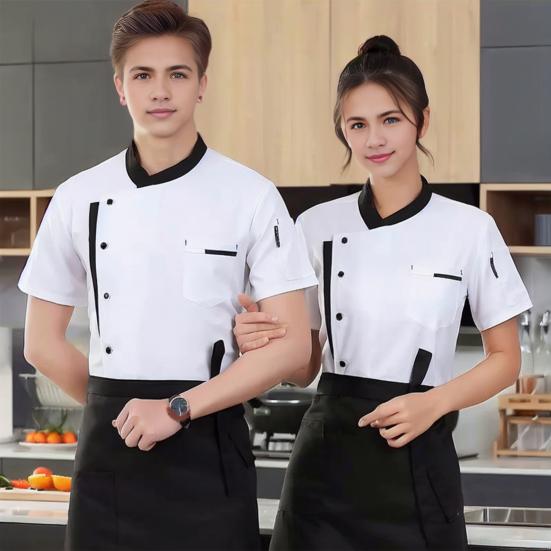 Унисекс рубашка шеф-повара с мягким воротником-стойкой, однобортная, с короткими рукавами, нагрудными карманами, ресторан, закусочная, кухня