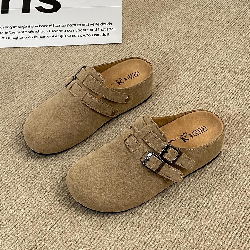 Модные дизайнерские женские замшевые мюли с закрытой пяткой, регулируемой пряжкой, слипоны, повседневные, мягкие внутри, обувь на танкетке, шлепанцы без задника для ходьбы