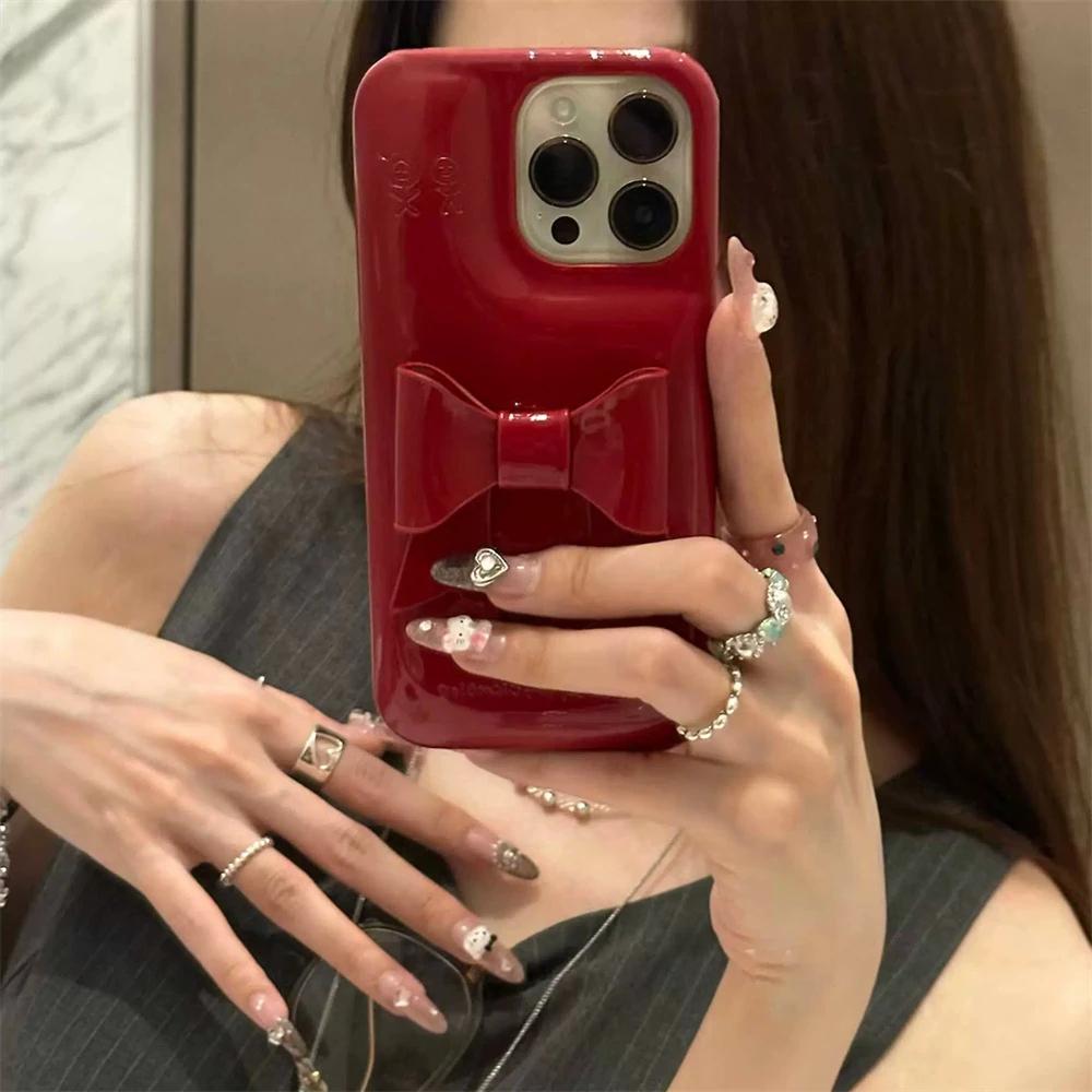 INS Корейский Винтажный Красный 3D Бант Кожаный Чехол Для Телефона Для iPhone 17 16 15 14 13 12 Pro Max Креативный Глянцевый Мыльный Мягкий Чехол