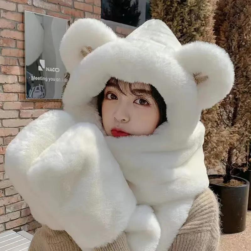 WTEMPO Solid Color Furry Plush Cute Ear Decor Gloves Scarf Hats Cold-proof Windproof Warm Autumn Winter Casual Verstaile Hats
