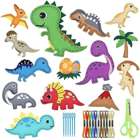Kids Sewing Kit 14 Pieces Dinosaur Felt Craft Set, DIY Beginner Sewing Kit with Stuffing Yarn Scissors, Educational Creative Art Gift for Boys Girls