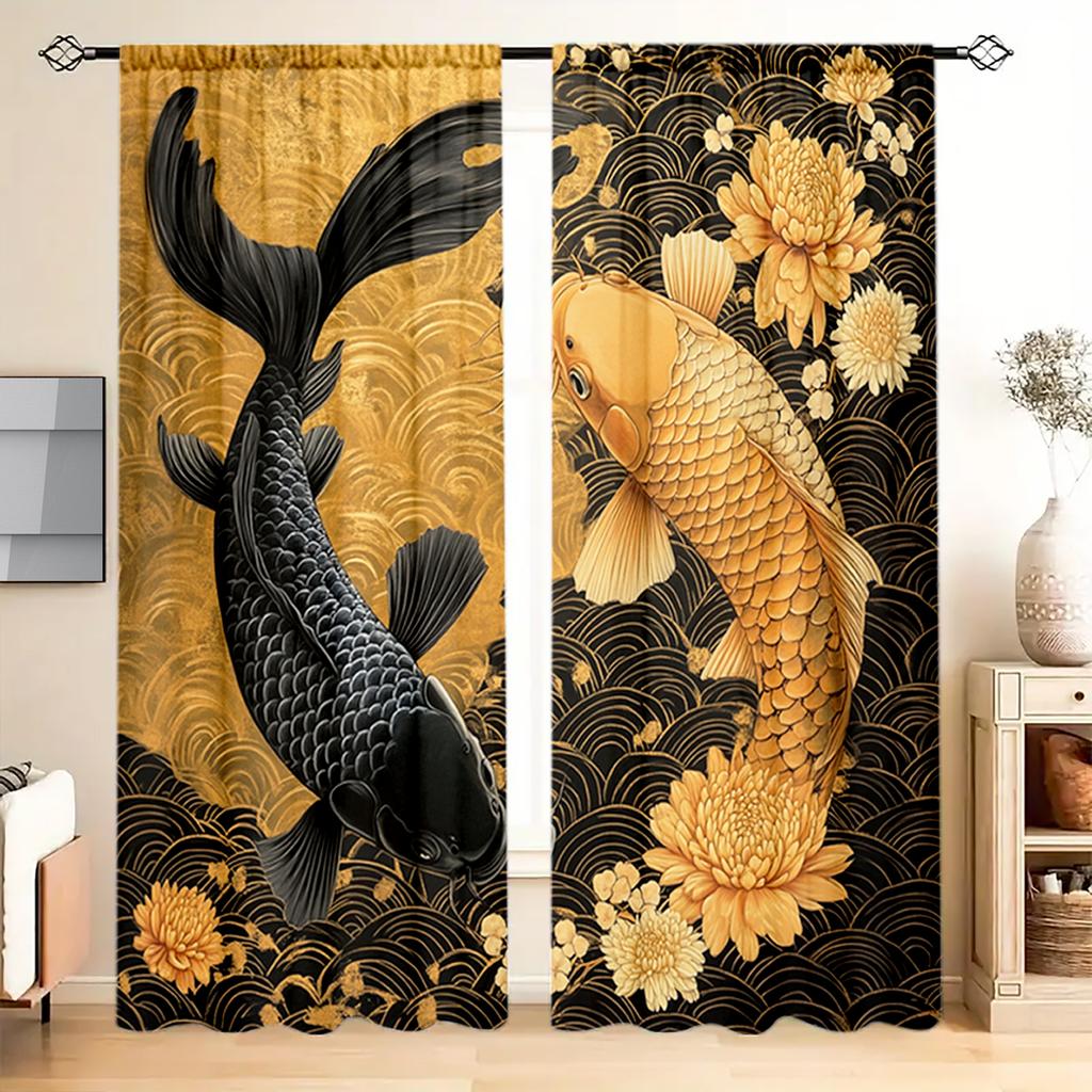 2pcs Koi Auspicious Pattern Printed Curtain for Home Decor - Rod Pocket Window Treatment for Bedroom, Office, Kitchen