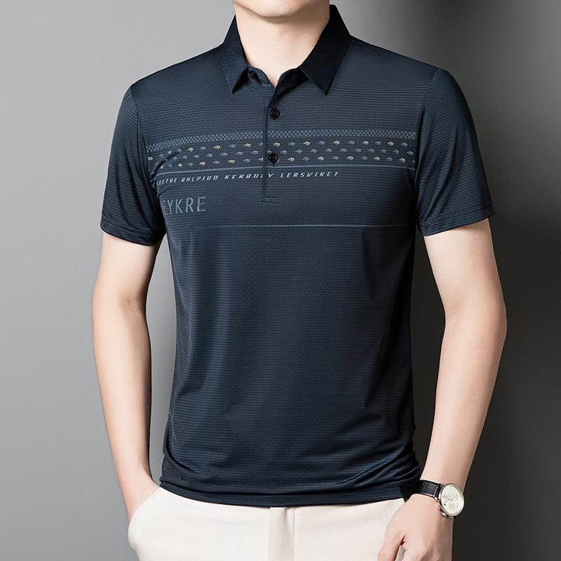 Мужская футболка Ice Silk с короткими рукавами в полоску, свободная повседневная мужская рубашка поло
