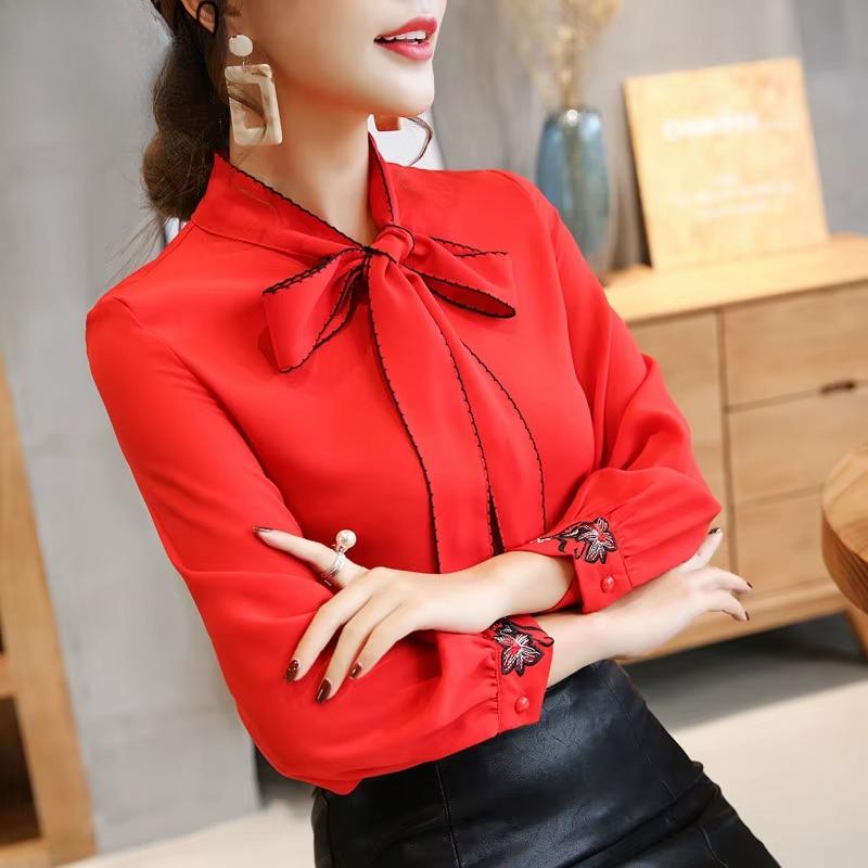 Модный воротник-бабочка, элегантные женские блузки, повседневные вышитые цветочные свободные женские рубашки, топы, однотонные, с длинным рукавом, простые офисные женские блузки 0726