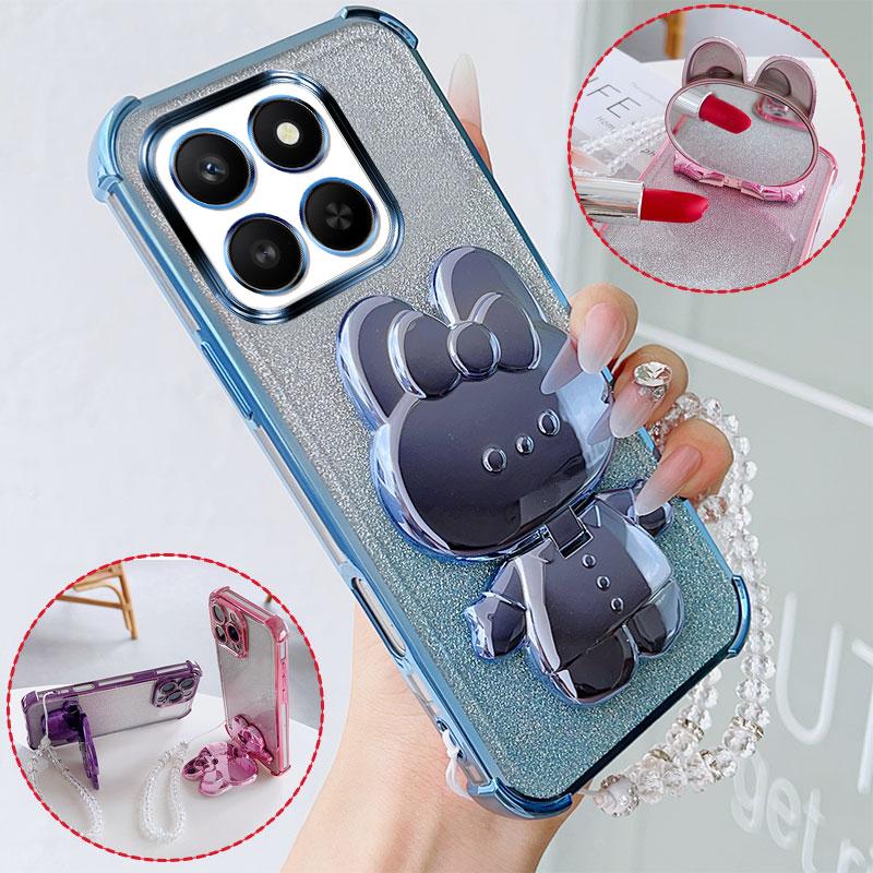 Luxury Shockproof Phone Case with Cute Rabbit Makeup Swivel Stand Crystal Lanyard For Honor 400 Smart 5G X7d Play 10T Back Cover