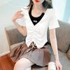 Summer Short-sleeved T-shirt Women's New Korean Version Fashion Drawstring Fake Two Pieces Foreign Niche Design Short Top