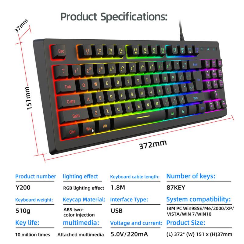 Wire Control Gaming Keyboard Y200 RGB Colorful Backlight 87-key Usb Keyboard For Laptop Desktop Pc